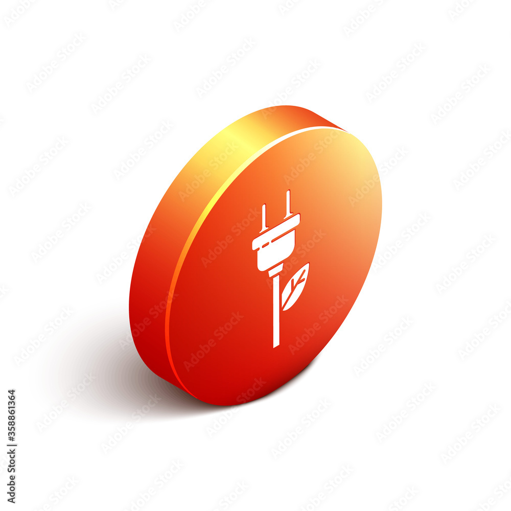 Isometric Electric saving plug in leaf icon isolated on white background. Save energy electricity. E