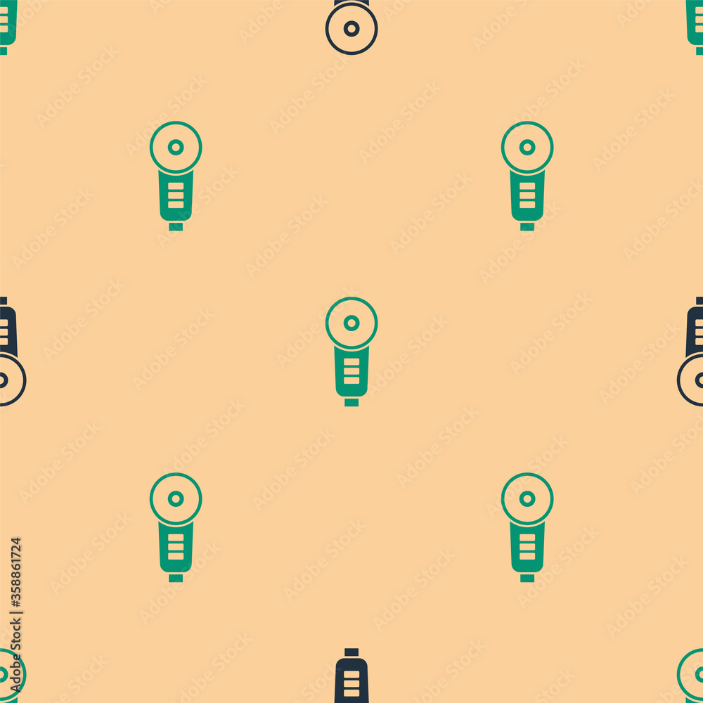 Green and black Angle grinder icon isolated seamless pattern on beige background.  Vector Illustrati