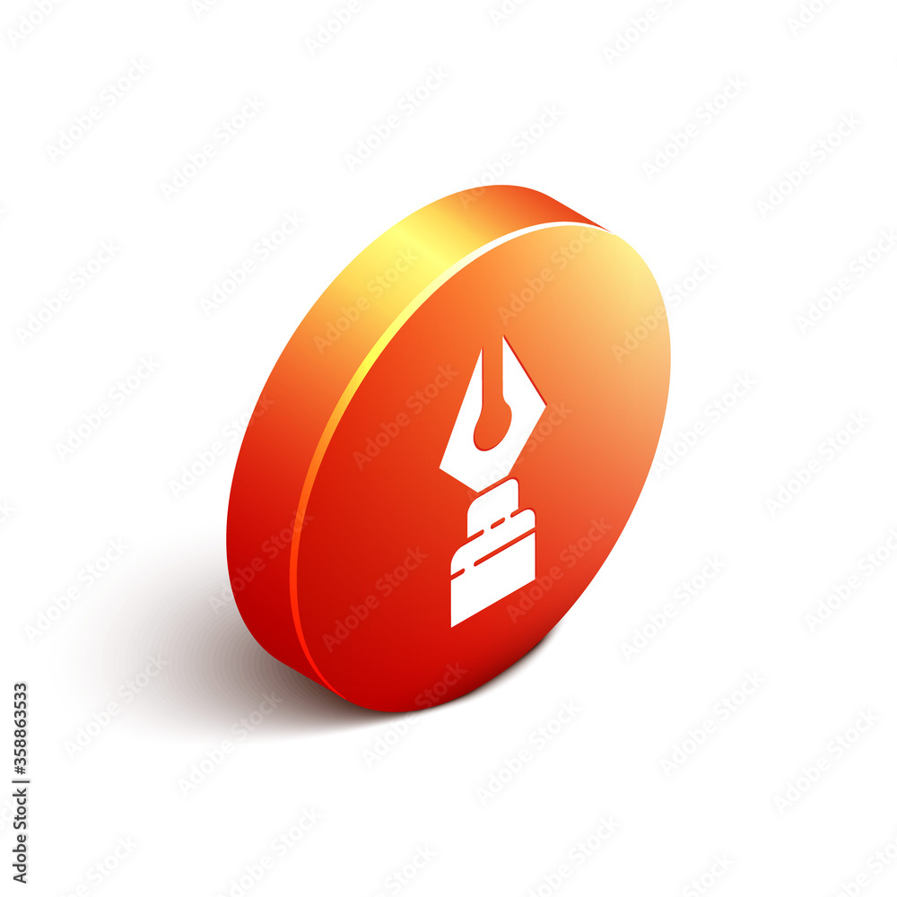 Isometric Fountain pen nib icon isolated on white background. Pen tool sign. Orange circle button. V