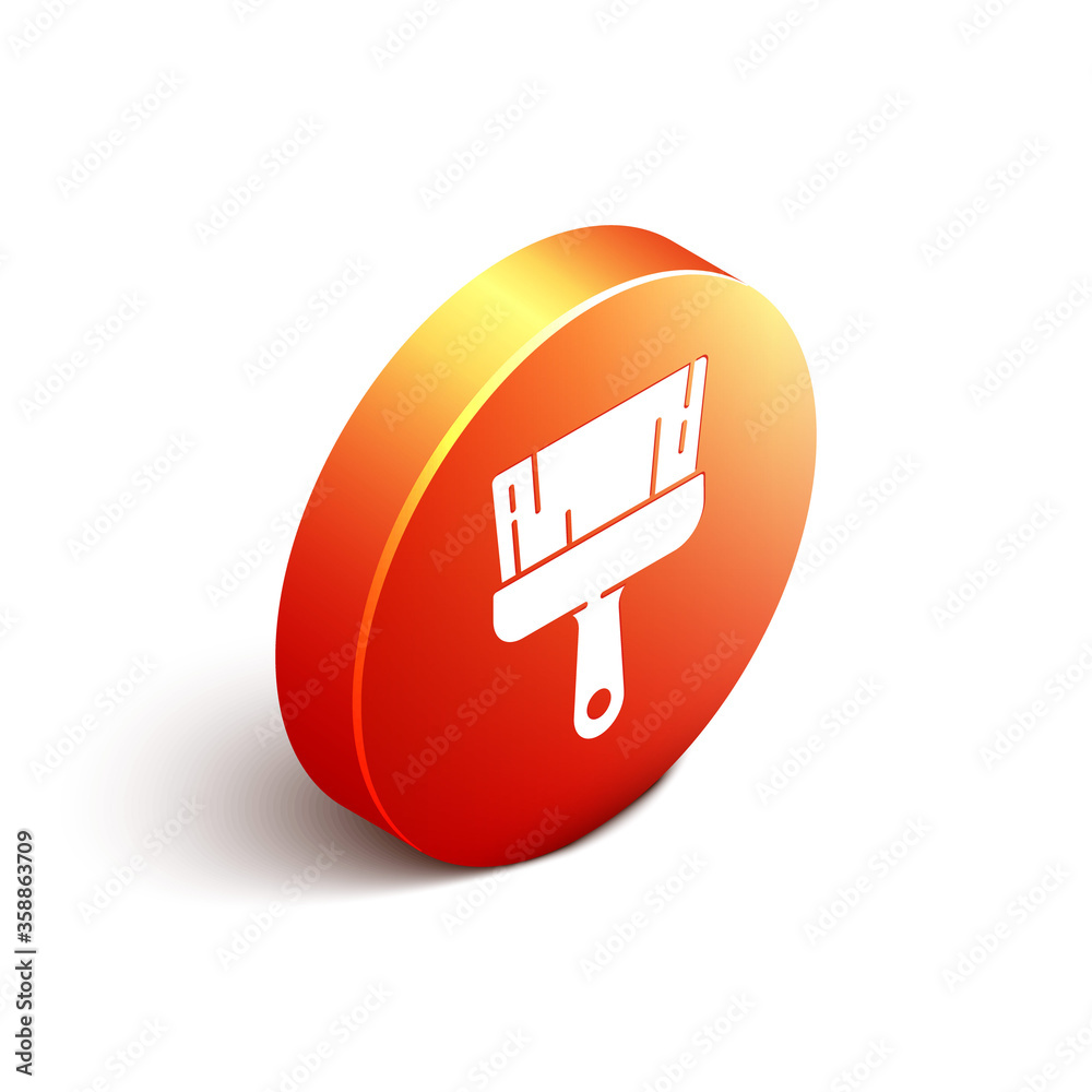 Isometric Paint brush icon isolated on white background. Orange circle button. Vector Illustration