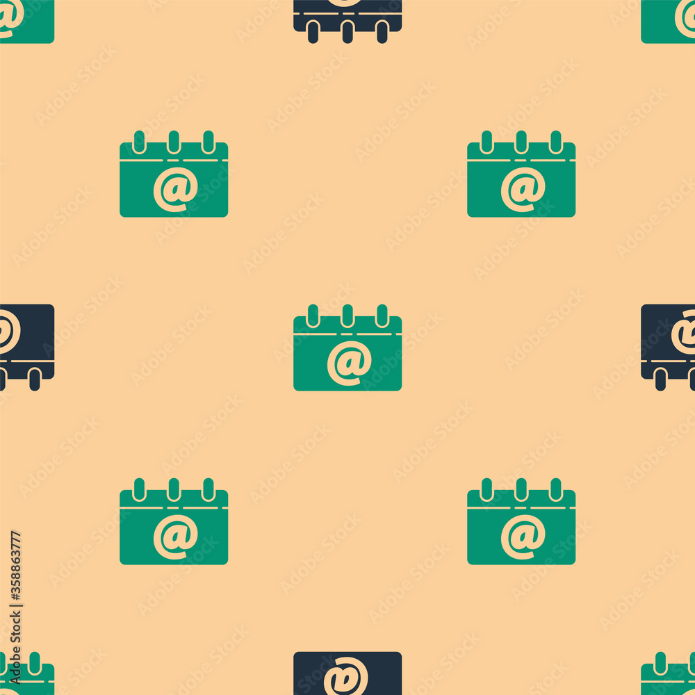 Green and black Calendar with email icon isolated seamless pattern on beige background. Envelope sym