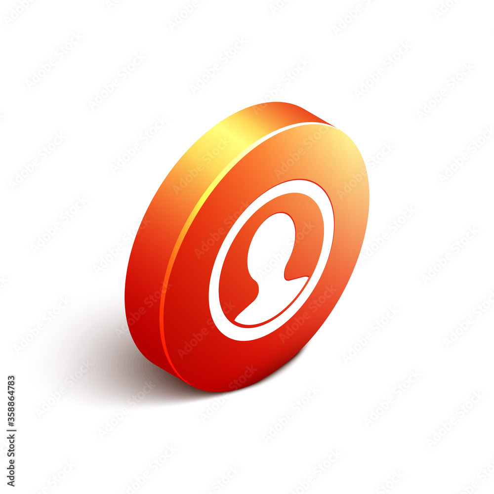 Isometric Create account screen icon isolated on white background. Orange circle button. Vector Illu