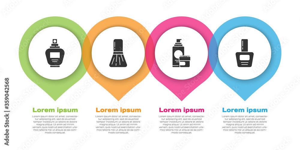 套装香水、化妆刷、面霜或乳液化妆品管和指甲油瓶。商业信息图