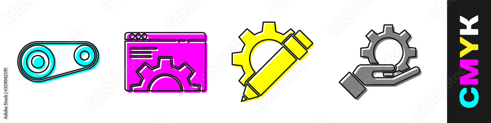 Set Timing belt kit, Browser setting, Pencil and gear and Settings in the hand icon. Vector