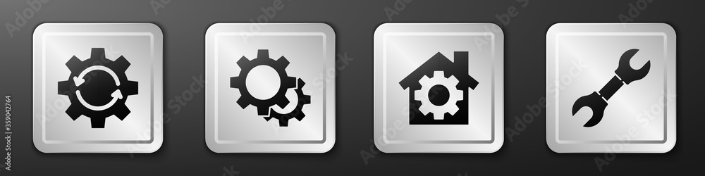 Set Gear and arrows as workflow, Gear, House with gear and Wrench spanner icon. Silver square button