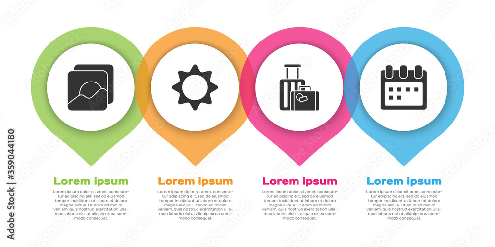 设置照片、太阳、手提箱和日历。商业信息图模板。矢量