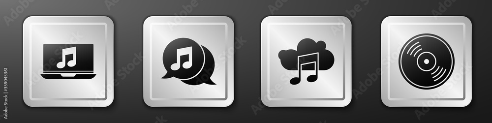 Set Laptop with music note, Musical note in speech bubble, Music streaming service and Vinyl disk ic