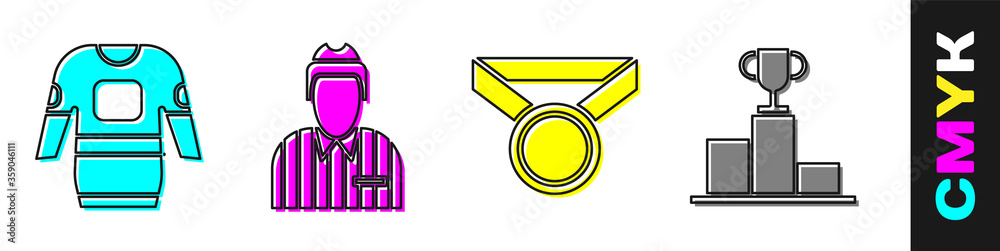 Set Hockey jersey, Hockey judge, referee, arbiter, Medal and Hockey over sports winner podium icon. 