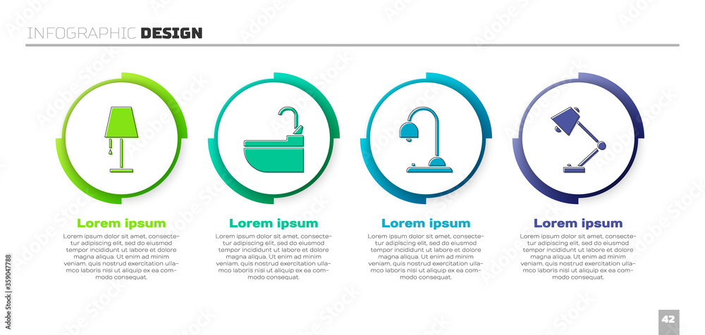 设置台灯、带水龙头的洗手盆、台灯和台灯。商业信息图模板。