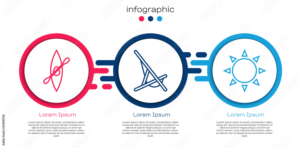 设置独木舟或独木舟和划桨，日光浴床和阳光。商业信息图模板。矢量