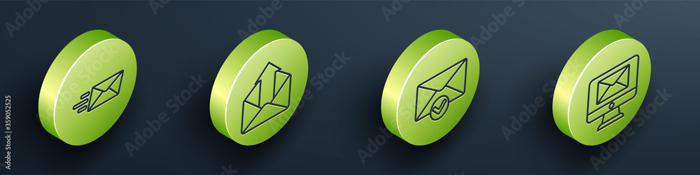 Set Isometric Express envelope, Outgoing mail, Envelope and check mark and Monitor and envelope icon