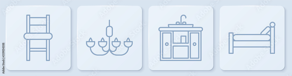 套装椅子、带水龙头的洗手盆柜、吊灯和床。白色方形按钮。矢量