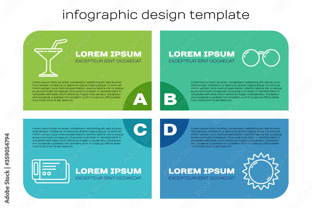套票，马提尼玻璃，太阳眼镜。商业信息图模板。Vector