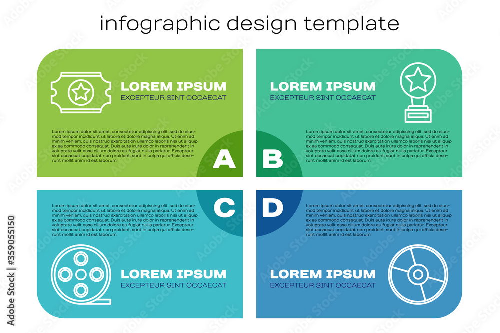 套装电影卷轴、电影票、CD或DVD光盘和电影奖杯。商业信息图模板.V