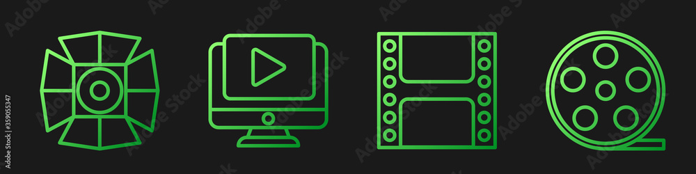 设置线播放视频，电影聚光灯，在线播放视频和电影卷轴。渐变色图标。矢量