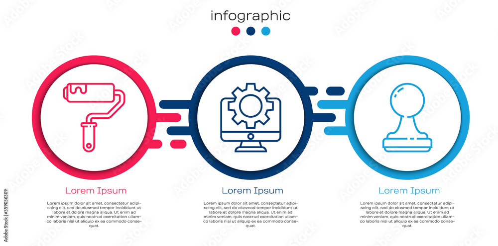 Set line Paint roller brush，Computer monitor and gear and Stamp.Business infographic template.Vec（设定