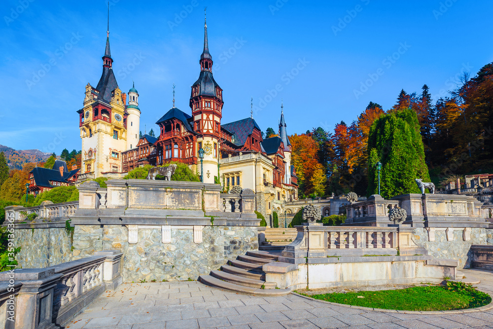 Peles castle with ornamental garden in autumn, Sinaia, Transylvania, Romania