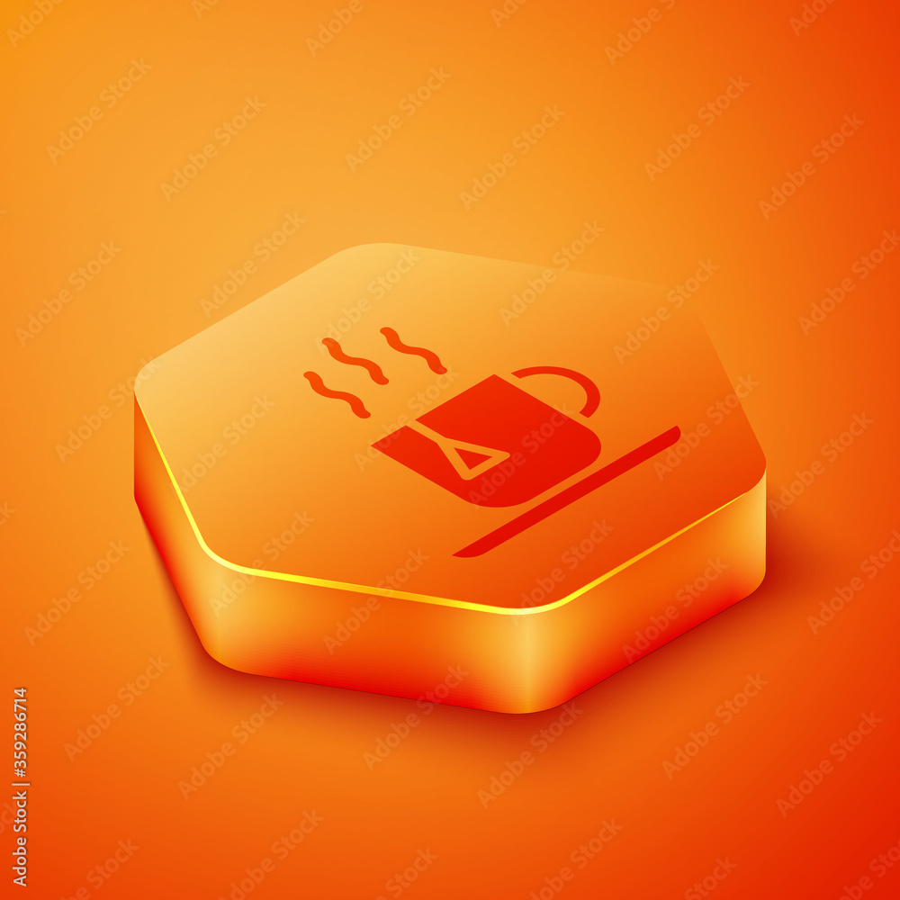 Isometric Cup of tea with tea bag icon isolated on orange background. Orange hexagon button. Vector 