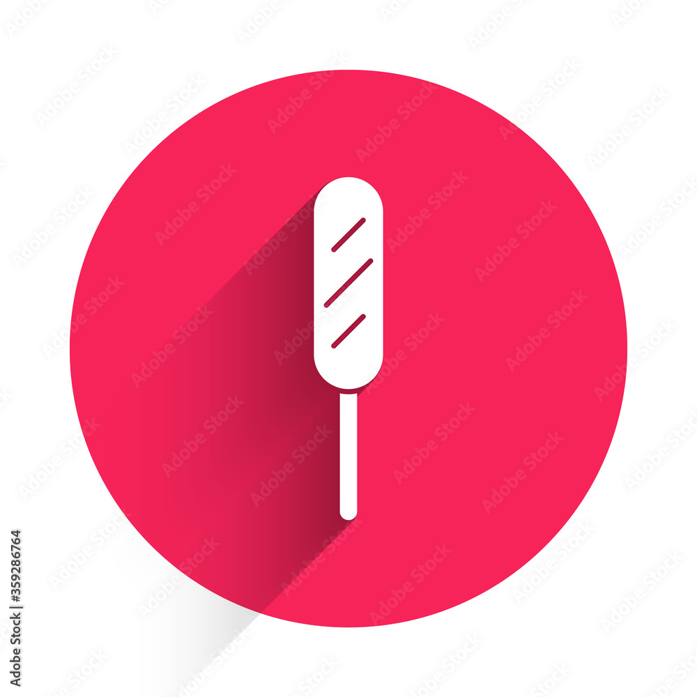 White Corn dog icon isolated with long shadow. Traditional american fast food. Red circle button. Ve