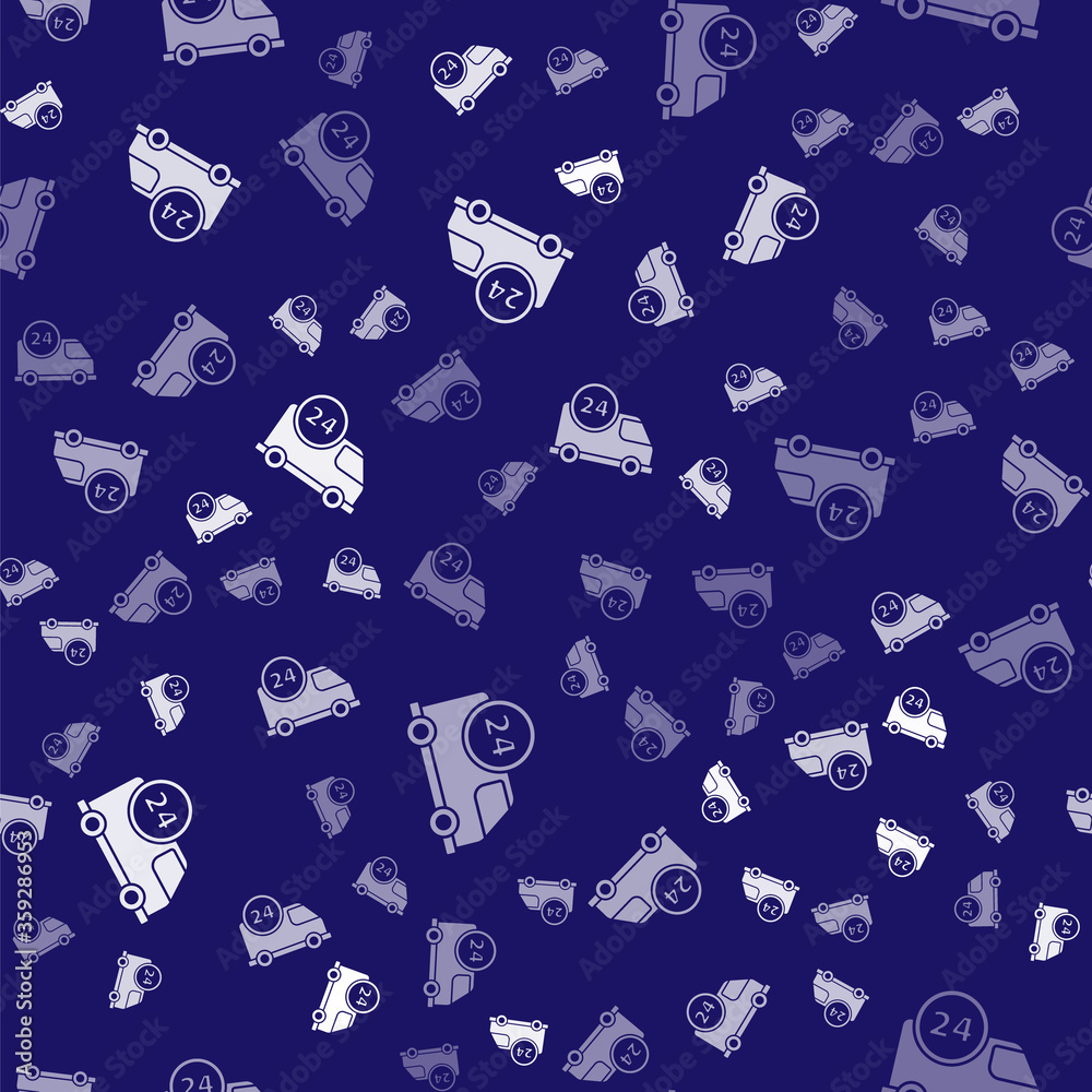 White Fast round the clock delivery by car icon isolated seamless pattern on blue background.  Vecto