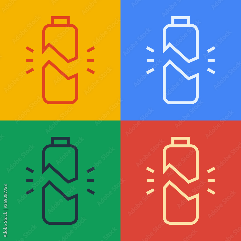 Pop art line Broken battery icon isolated on color background.  Vector Illustration