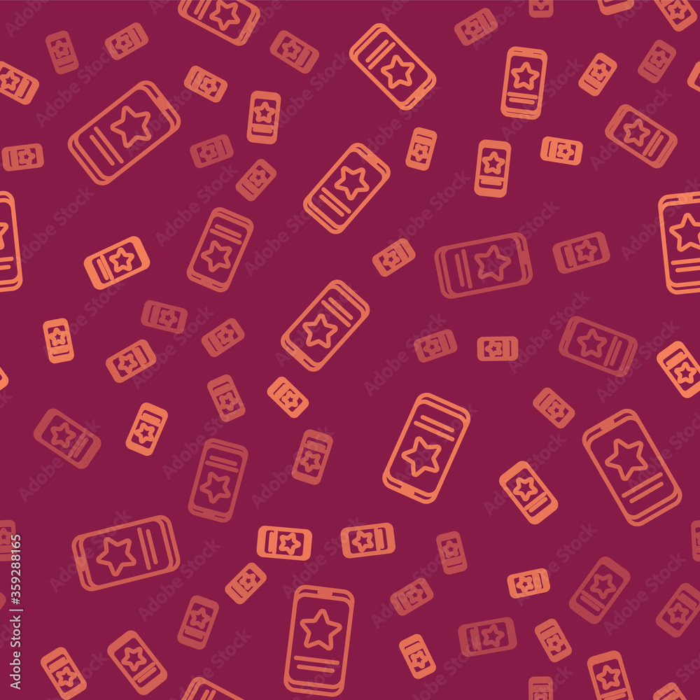 Brown line Mobile phone with review rating icon isolated seamless pattern on red background. Concept