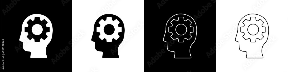 Set Human head with gear inside icon isolated on black and white background. Artificial intelligence