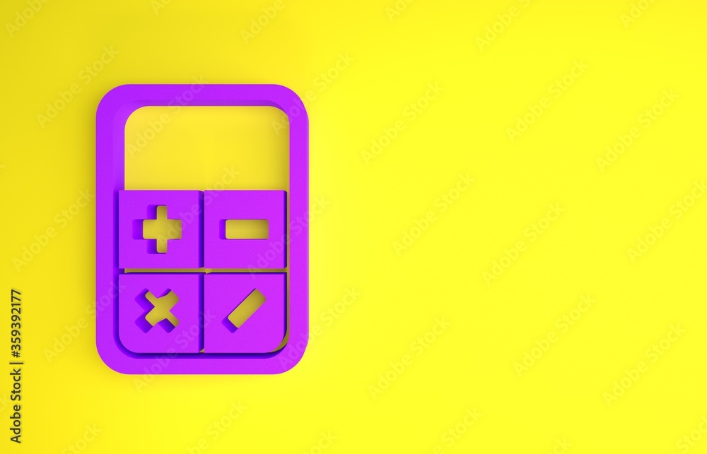 Purple Calculator icon isolated on yellow background. Accounting symbol. Business calculations mathe