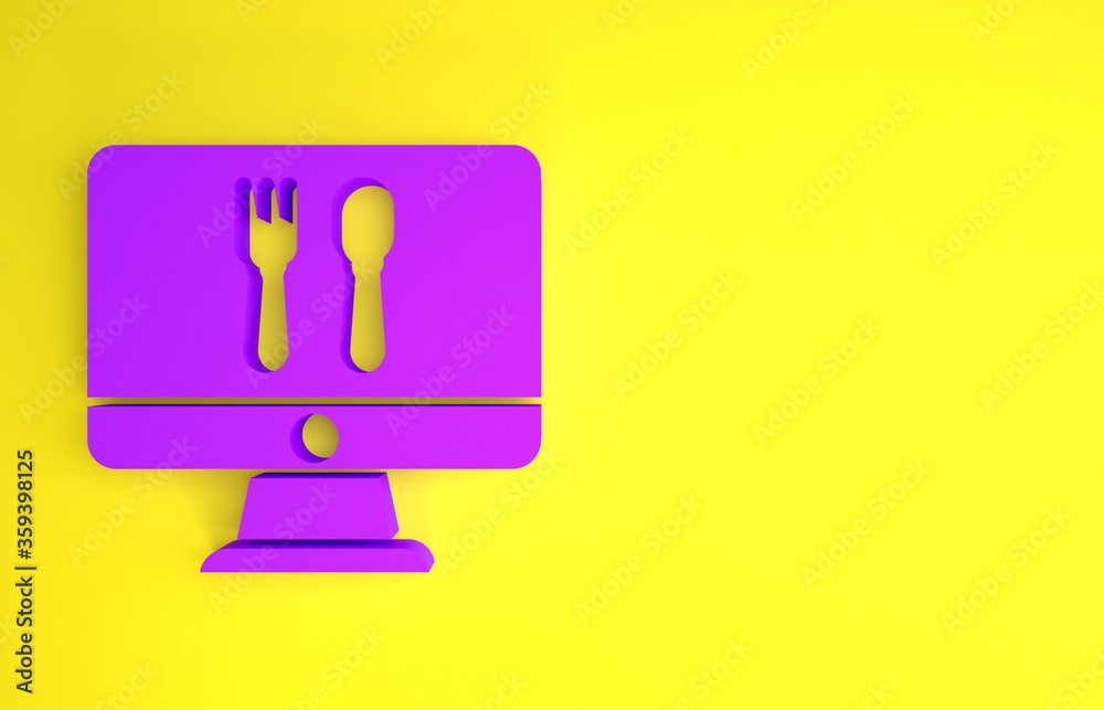 Purple Online ordering and fast food delivery icon isolated on yellow background. Minimalism concept