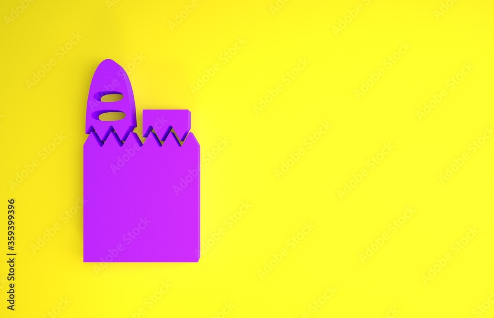 Purple Paper shopping bag and food icon isolated on yellow background. Food store, supermarket. Mini