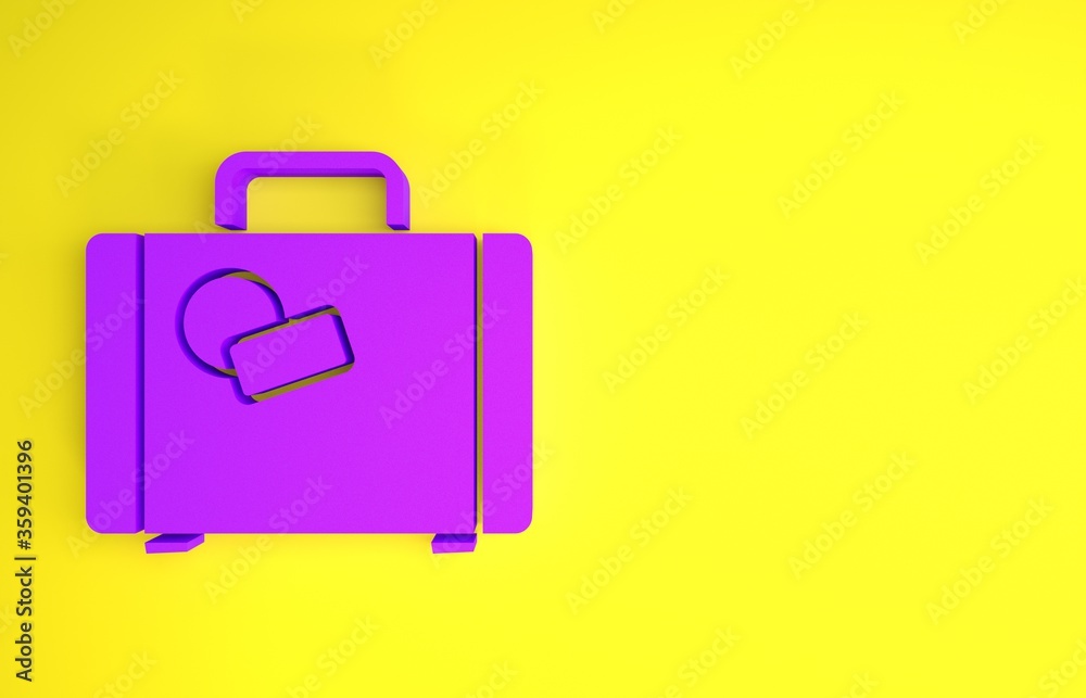 Purple Suitcase for travel icon isolated on yellow background. Traveling baggage sign. Travel luggag