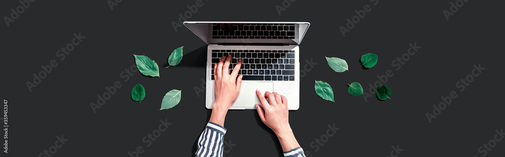 Person using a laptop computer with green leaves from above