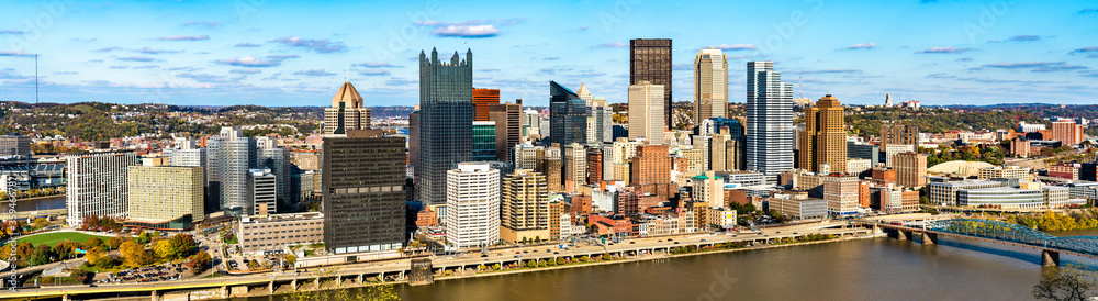 Panorama of Downtown Pittsburgh with the Monongahela River in Pennsylvania