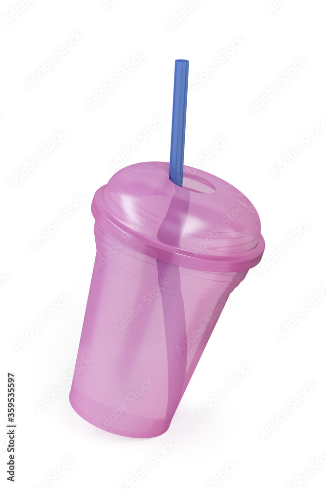 Empty disposable plastic cup for cold drinks with a straw
