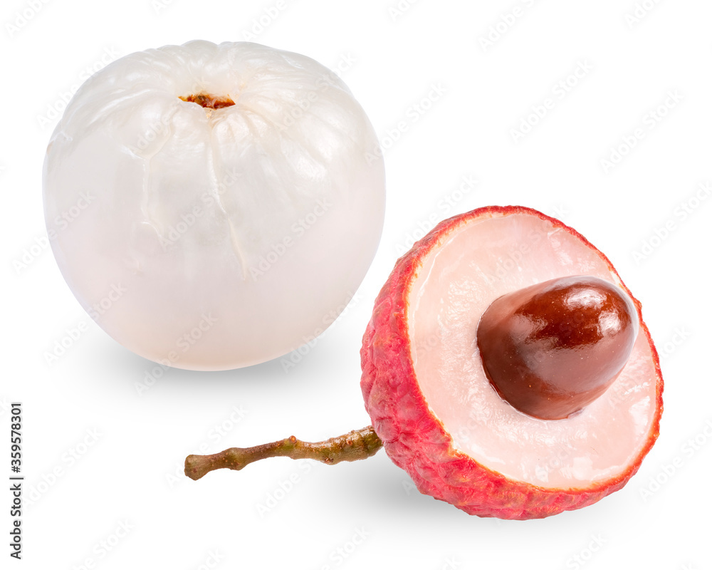 Sweet lychees fruits on White, Lychee with leaves isolated on white background, With clipping path