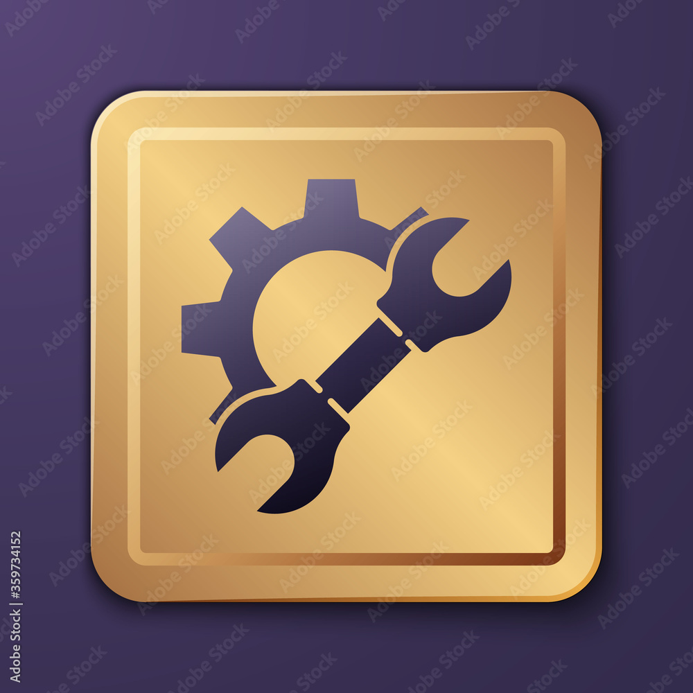 Purple Wrench spanner and gear icon isolated on purple background. Adjusting, service, setting, main