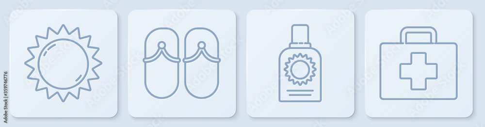 定型防晒霜、防晒喷雾瓶、人字拖和急救包。白色方形按钮。矢量…