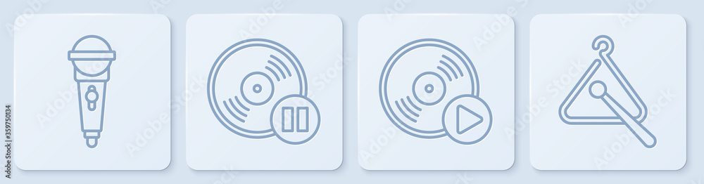 套装麦克风，乙烯基唱片，乙烯基盘和三角乐器。白色方形按钮。Ve