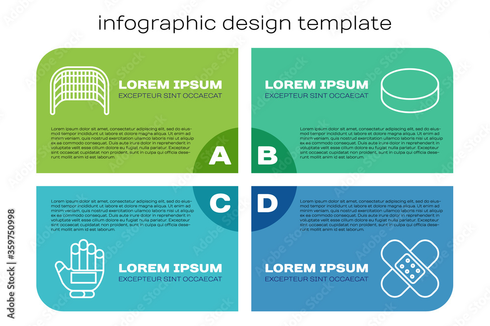 定位球冰球手套、冰球球门、交叉绷带膏和冰球。商业信息图