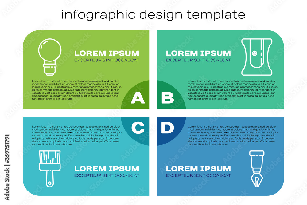 Set line画笔、灯泡、喷泉笔尖和卷笔刀。商业信息图templa