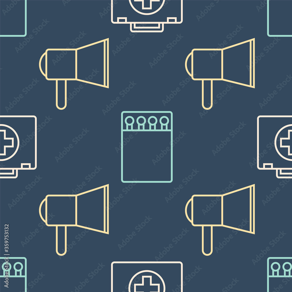 设置急救箱、扩音器和打开火柴盒，并在无缝模式下进行匹配。矢量。