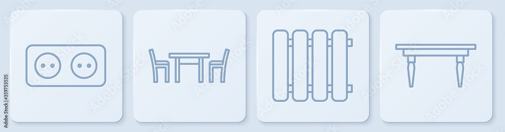 设置线电源插座，加热散热器，带椅子的木桌和木桌。白色正方形