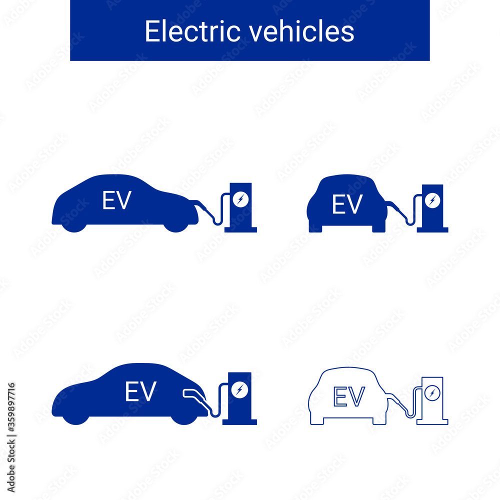 带插头符号和充电站图标的电动汽车。混合动力汽车符号。Eco-frien