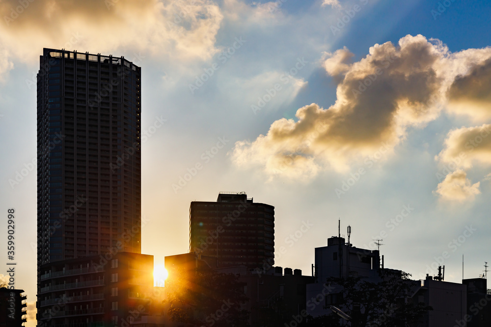 太陽の光が綺麗な,夕暮れの都会の空とビル