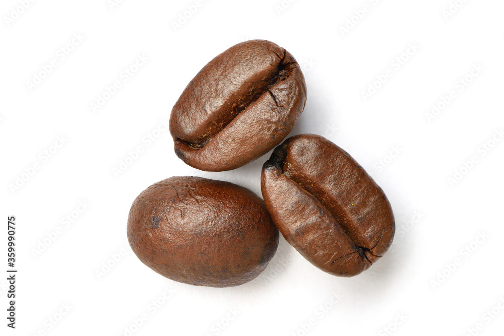 Flat lay (Top view) Close-up roasted coffee beans isolated on white background.