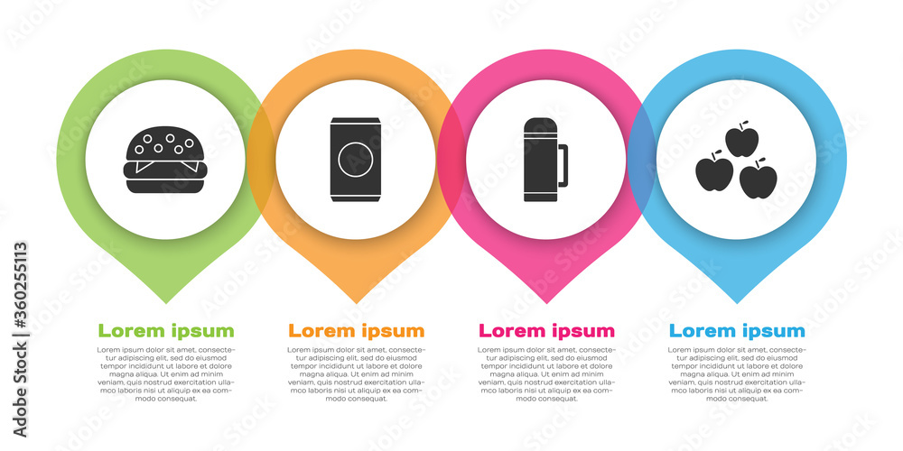 套装汉堡、吸管苏打罐、保温瓶和苹果。商业信息图模板。矢量
