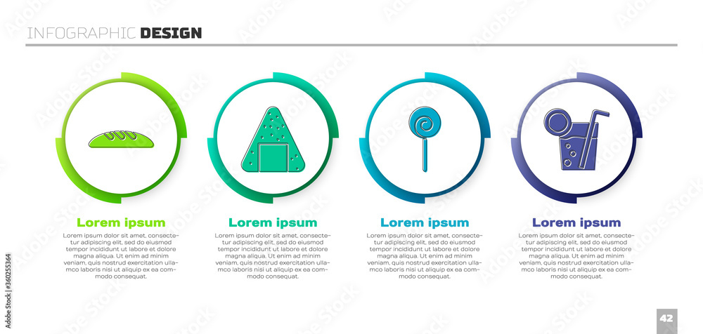 套装面包、洋葱、棒棒糖和鸡尾酒。商业信息图模板。矢量