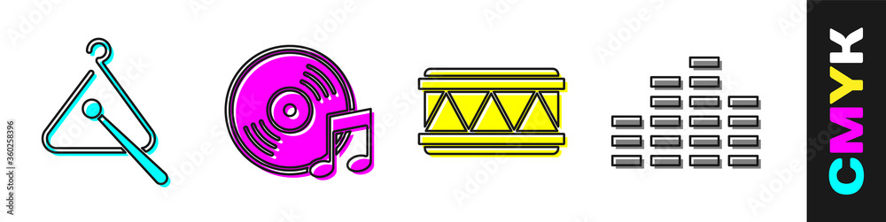 设置三角形乐器、乙烯基唱片、鼓和音乐均衡器图标。矢量