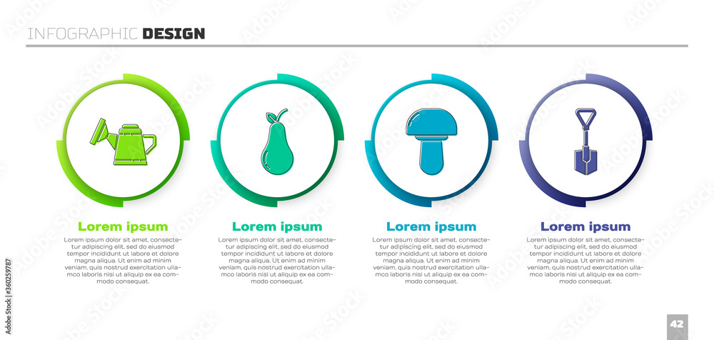 设置水罐、梨、蘑菇和铲子。商业信息图模板。矢量