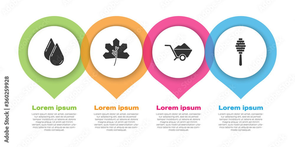 设置水滴、树叶或树叶、带泥土的手推车和蜂蜜斗杆。商业信息图t